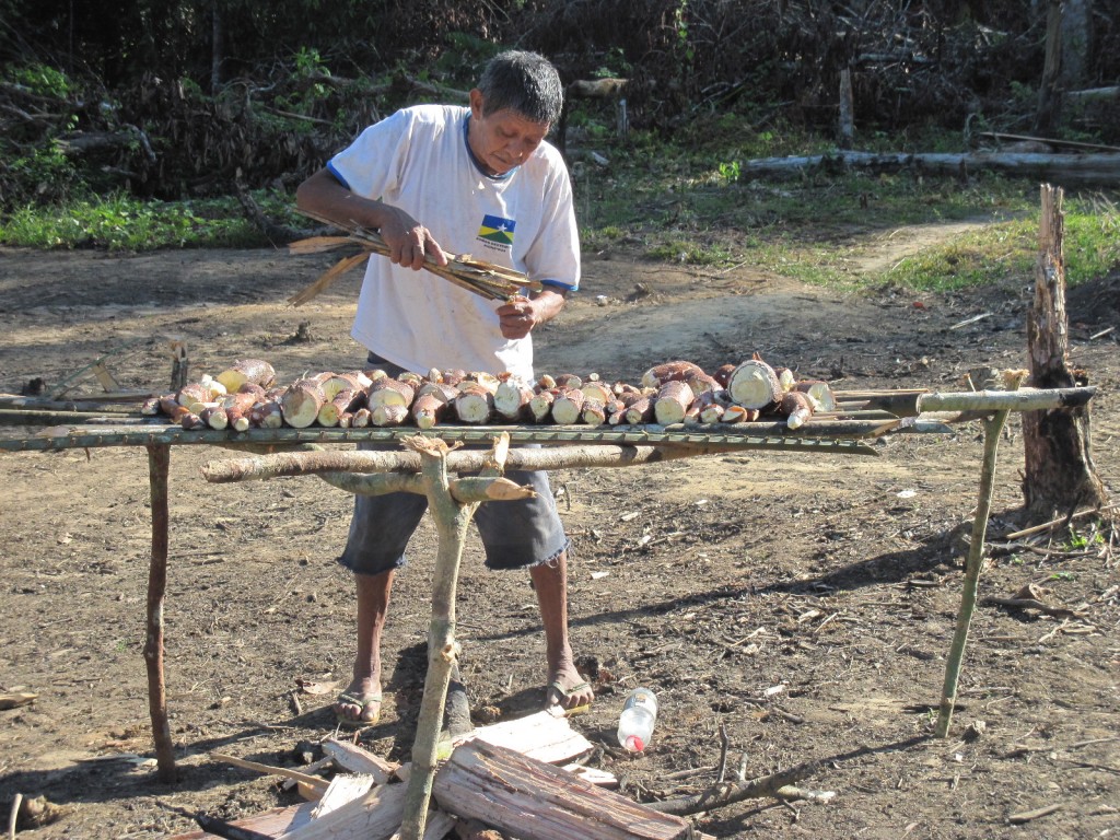 O índio juma Aruká prepara mandioca na aldeia tradicional, em Canutama - AM. Foto: Divulgação/Funai.