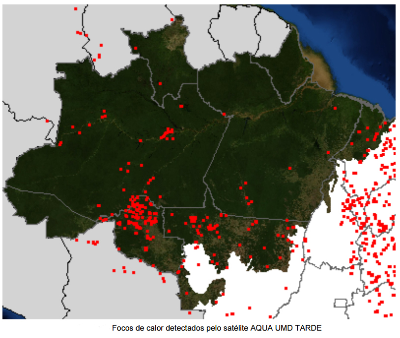 Imagem registrada em 02/10 pelo Inpe mostra os focos em Manaus e no Sul do Amazonas