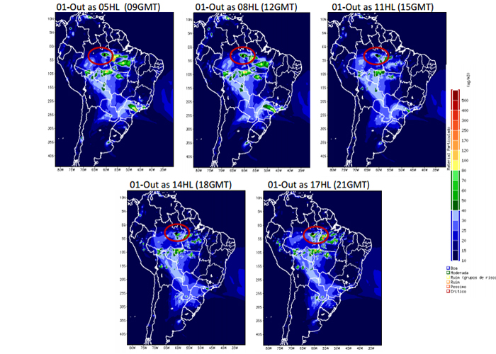 Mapas mostram qualidade do ar para Manaus ( localização no representada pelo ponto preto).  Análise do modelo CCATT-BRAMS realizada no dia 01-10-2015 para Material Particulado. Fonte: CCATT-BRAMS-CPTEC/INPE 