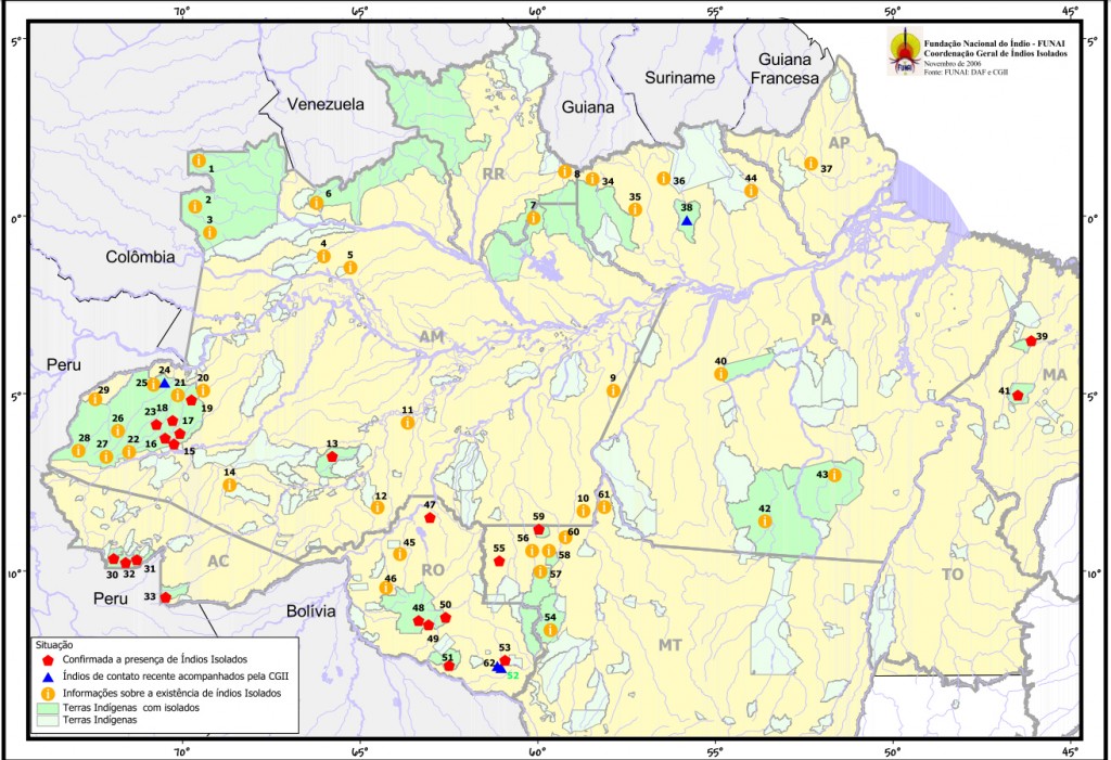 Mapa da Funai de índios isolados no Brasil. Número pode ser maior (Imagem: Funai)