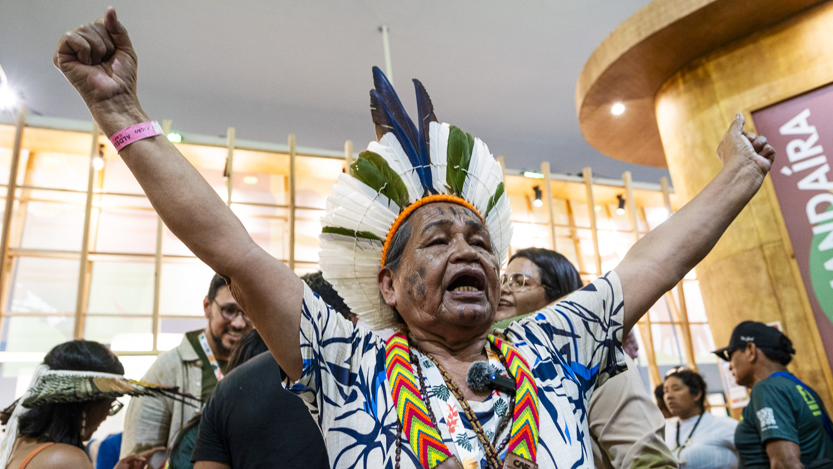 Cacica Cullung Vei-Tcha Teié do povo Laklãnõ Xokleng do Rio Grande do Sul comemora a homolagação do seu território  (Foto: Juliana Pesqueira/Amazônia Real/2025).